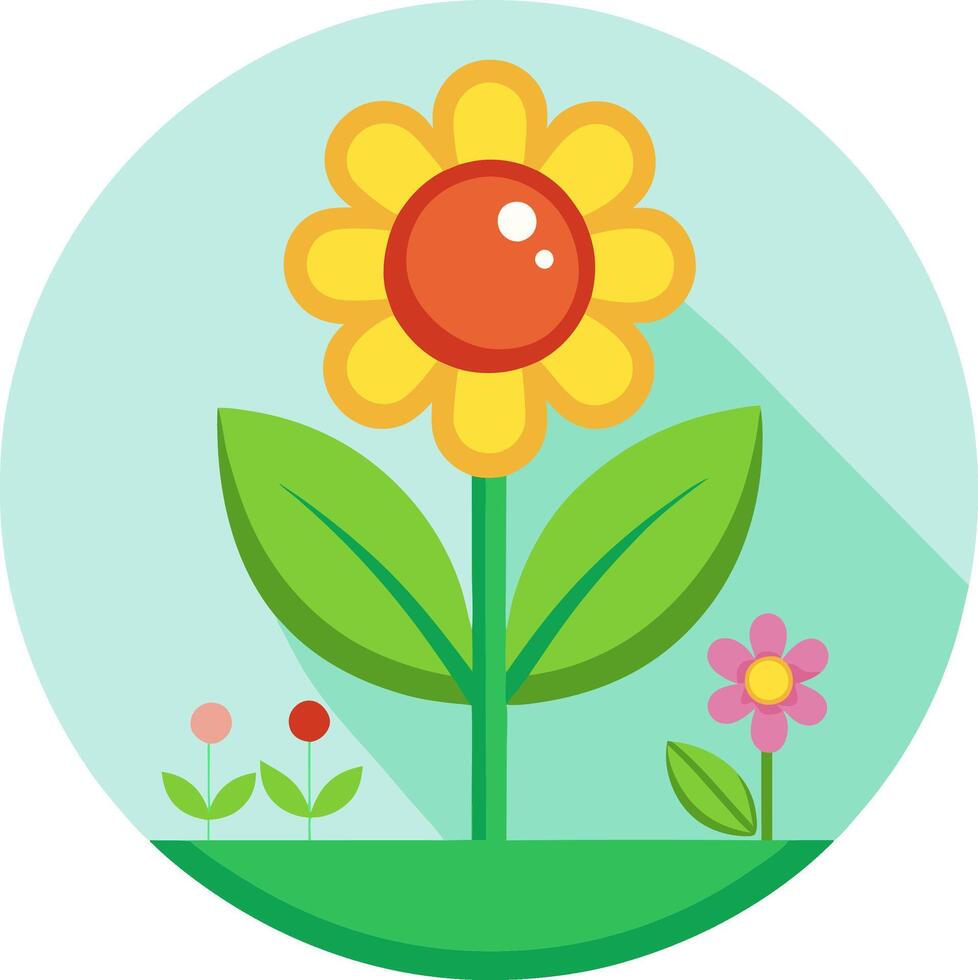 A Vibrant Digital Illustration of a Large Yellow Flower Surrounded by Green Leaves and Smaller Colorful Flowers in a Garden Setting vector