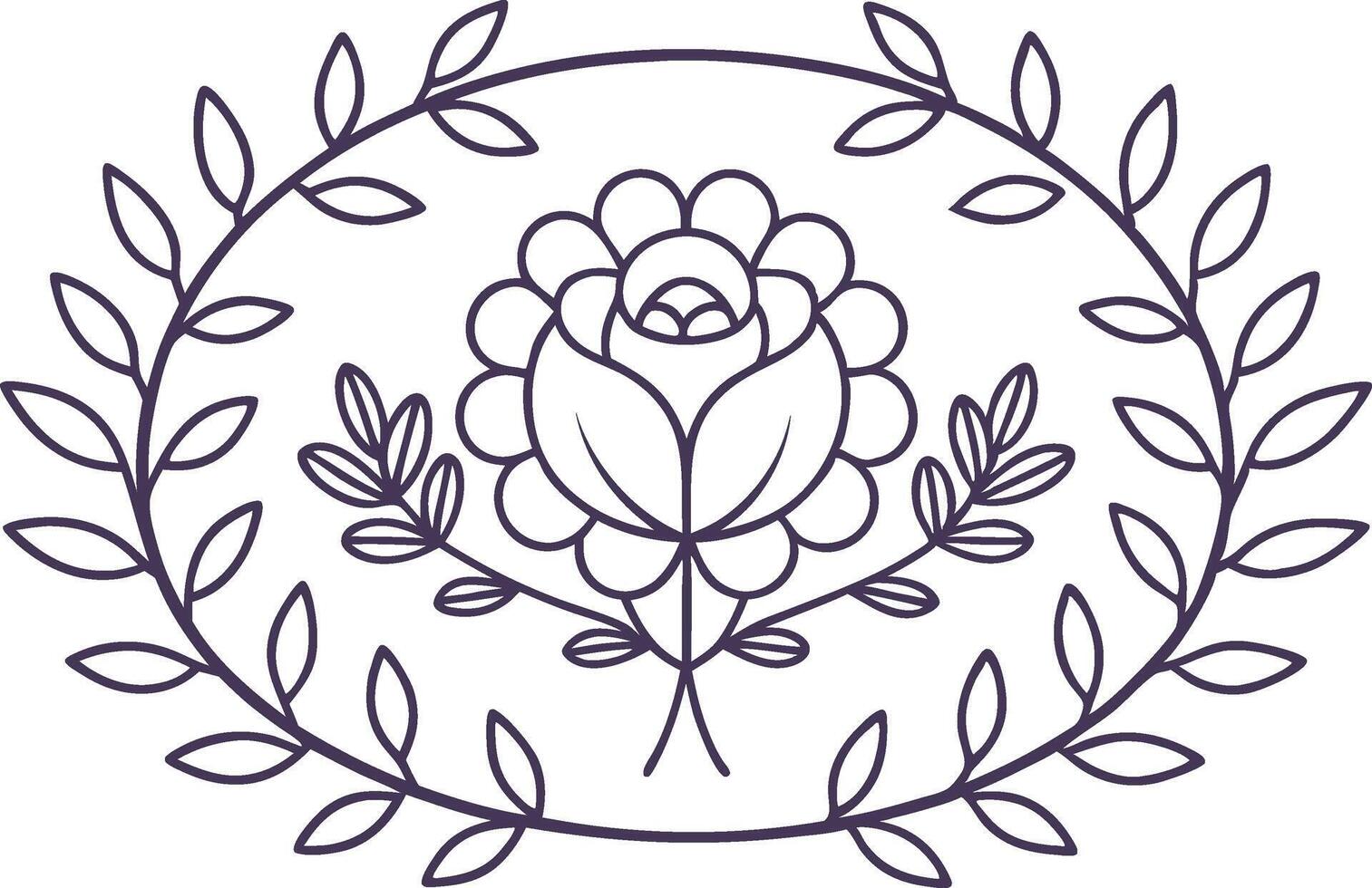 Elegant Line Art Illustration of a Rose Surrounded by Decorative Leaves and a Floral Frame in a Monochrome Oval Design vector