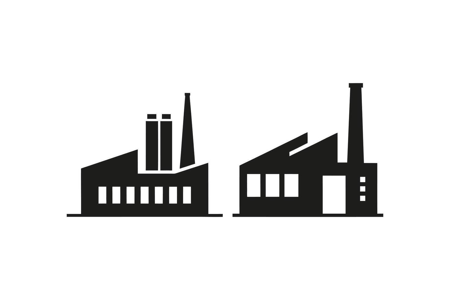 Industrial Factory Icons with Chimneys and Windows in Black Silhouette Design for Business and Manufacturing Concepts vector