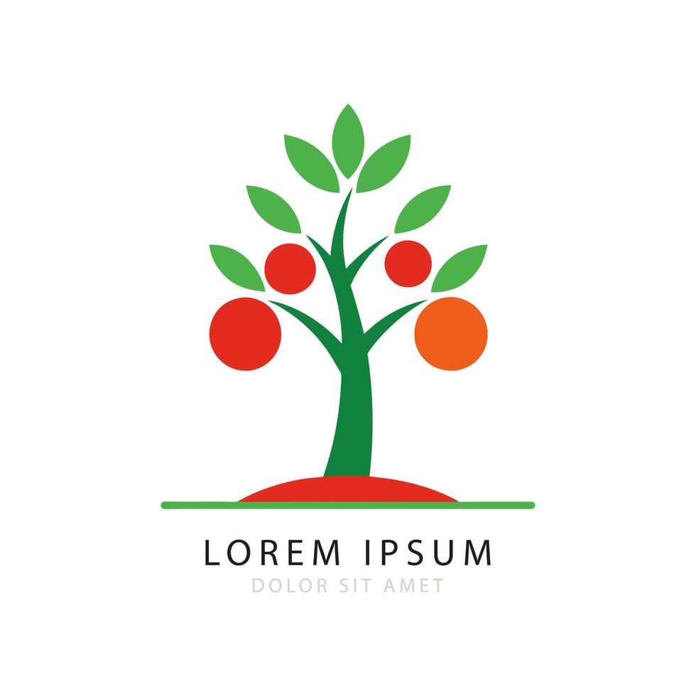 Abstract Tree Illustration with Red and Orange Fruits and Green Leaves on White Background vector