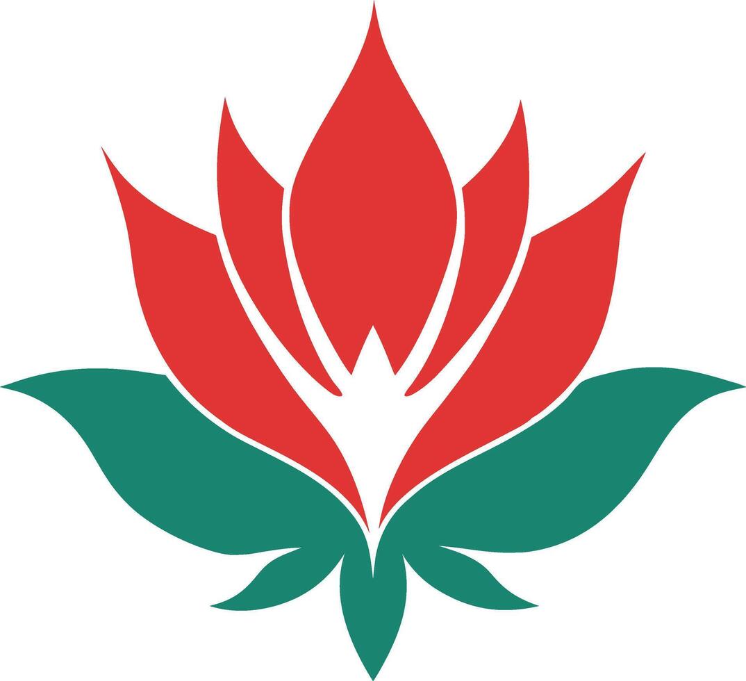 Red and Green Lotus Flower Illustration Featuring Symmetrical Design and Vibrant Colors for Botanical and Artistic Appeal vector