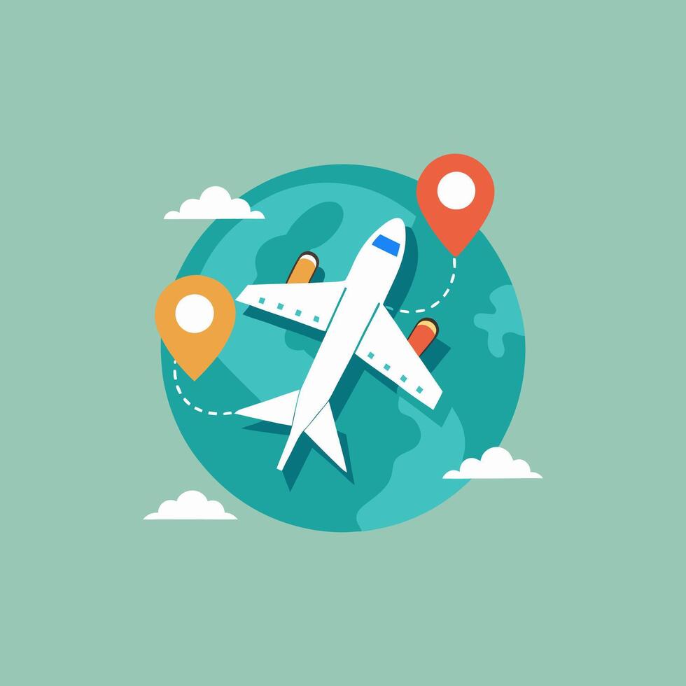 Airplane Flying Around the Globe with Location Markers Depicting International Travel Concept vector