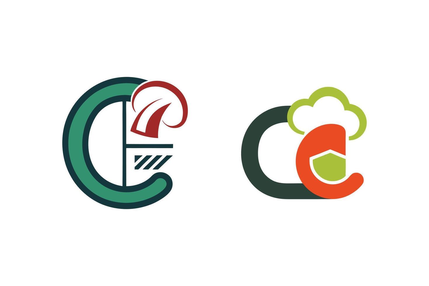 Two Chef-Themed Logos Featuring Stylized Letter 'C' Designs in Green, Orange, and Red vector