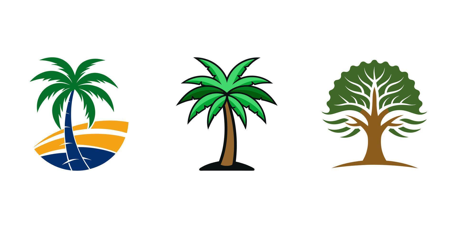 Illustrated Tree Icons in Stylized Palm and Deciduous Forms Representing Tropical and Botanical Themes vector