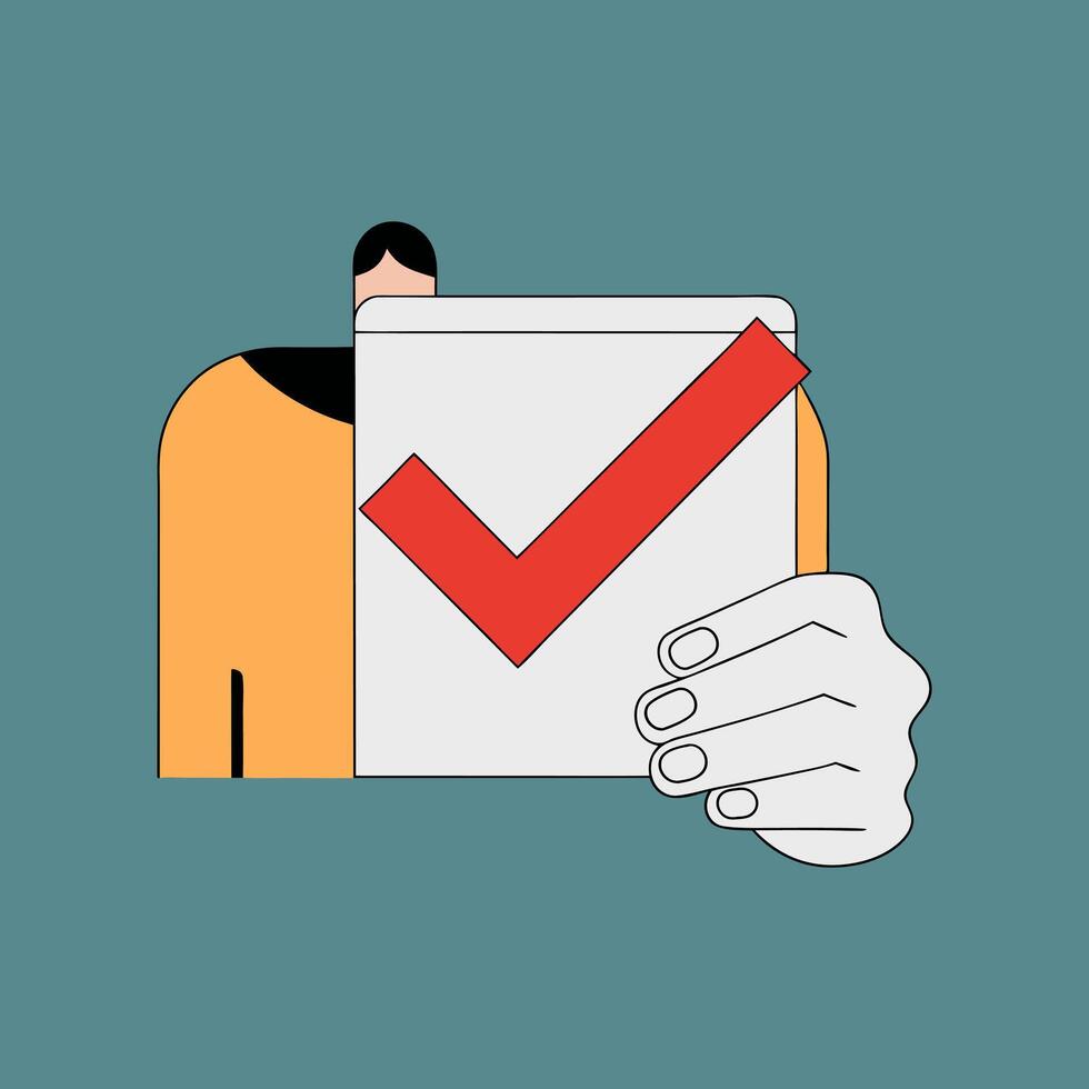 Illustration of a Person Holding a Document with a Large Red Check Mark, Symbolizing Approval or Confirmation in a Minimalist Graphic Style vector