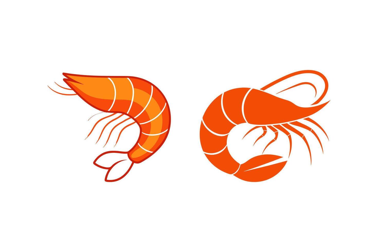 Two Cartoon Shrimp Illustrations in Orange Color on a White Background vector