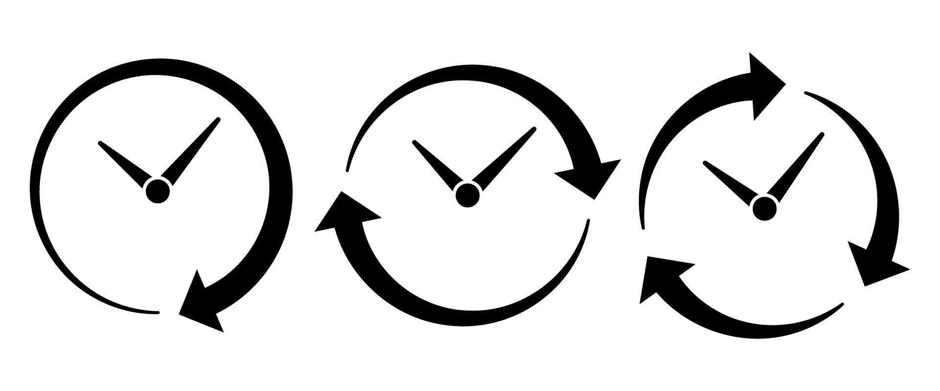 Set of three black clock icons with circular arrows, symbolizing time management, workflow, rotation, deadline, and productivity. Minimalist design for business, scheduling, and efficiency concepts. vector
