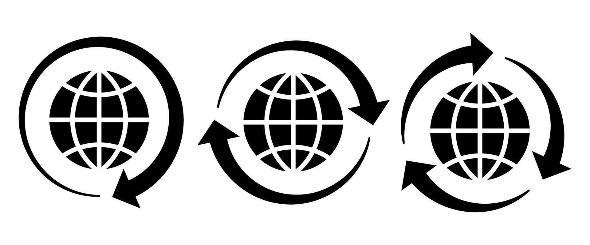 Icons of Arrows and globe. Global recycling arrows icon, circular world cycle, eco sustainability, renewable energy, environmental conservation, planet protection, reuse process, worldwide trade vector