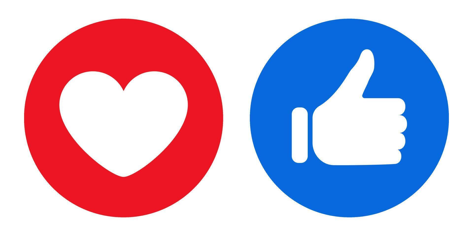 Social media like and love icons. Thumbs up and heart symbols in blue and red circles. Positive feedback, approval, appreciation, rating, favorite, support, vote, reaction, engagement, internet, web vector