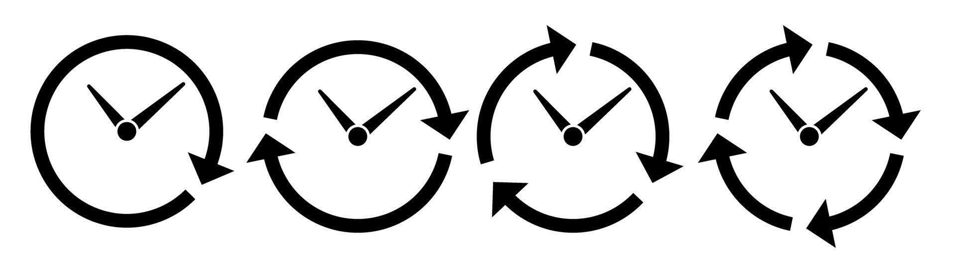 Set of Black Clock Icons with Circular Arrows, Symbolizing Time Management, Productivity, Efficiency, Cycle, Rotation, and Deadline. Minimalist Design for Business, Work, and Scheduling Concepts vector
