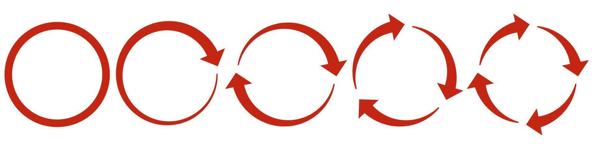 Cyclic process with red arrows. Set of Circular Arrows Icons. Rotational Cycle with Arrows. Rotating Arrow Symbols, Representing Cycle, Reload, Process Flow, Synchronization, and Continuous Motion. vector
