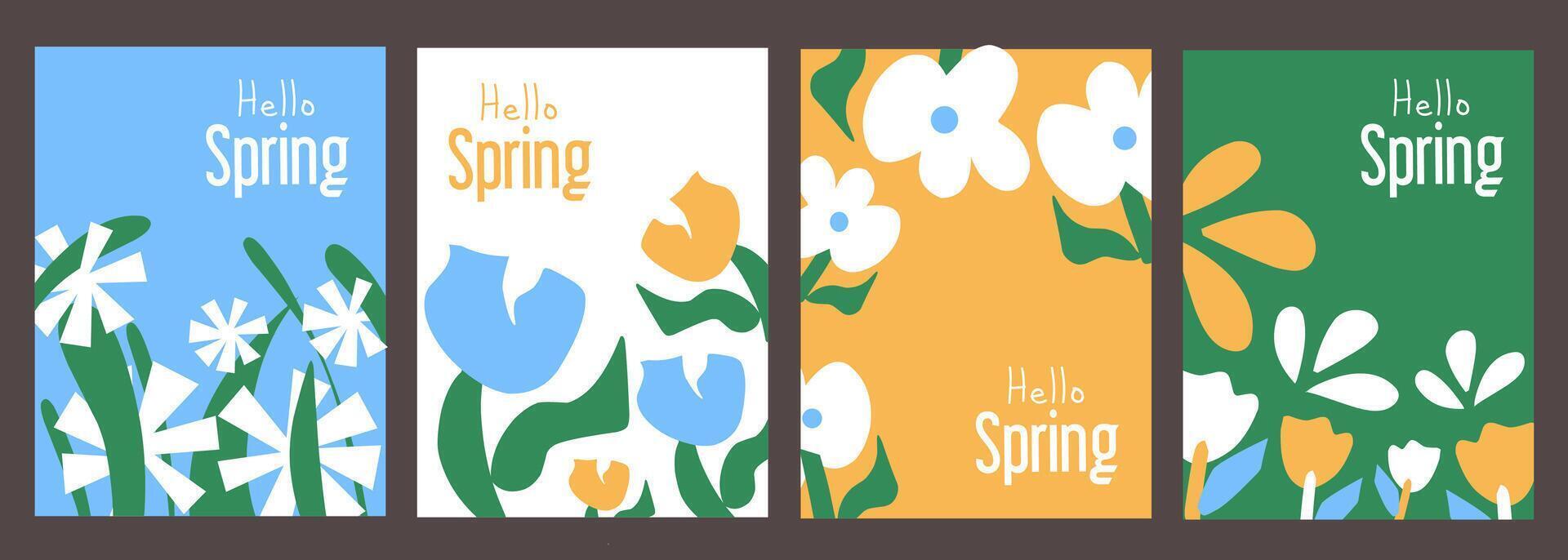 Set of Spring creative cards. Hand-drawn flyers for decoration spring events, Mother's Day, Easter. Beautiful floral posters with roses, sun flower, daisies flowers. Concept of trendy spring cover. vector