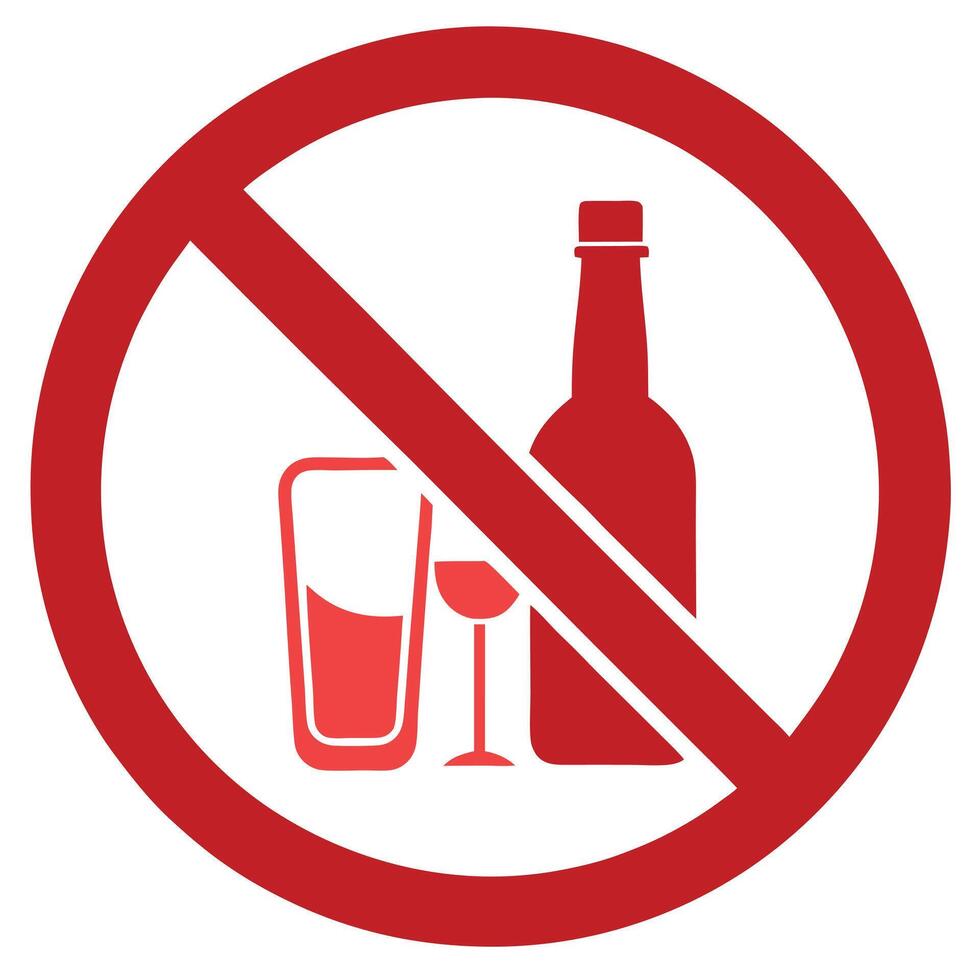 Red Symbol with Wine Bottle, Glass and Prohibited Sign on Transparent Background vector