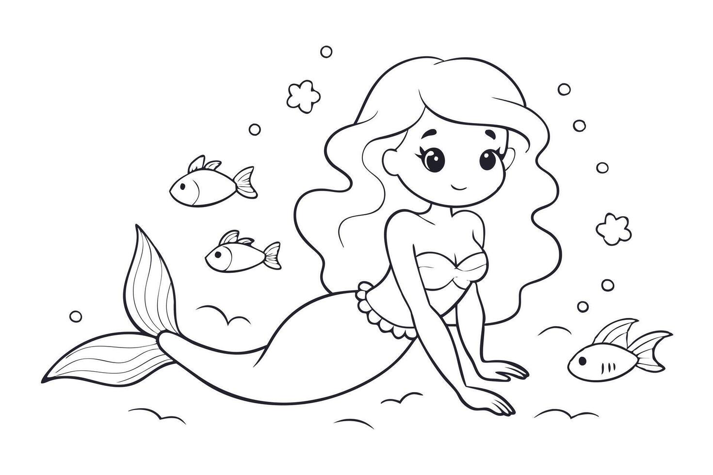 Cartoon Outline Mermaid Girl with Fishes,Bubbles and Decorative Elements Design vector