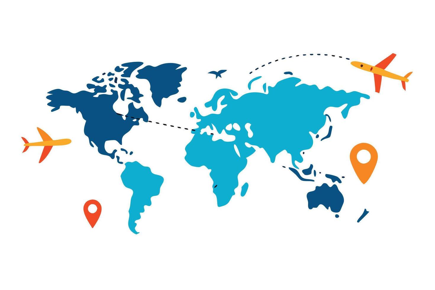 World Map with Airplanes, Flight Route, and Location Pin on a White Background vector
