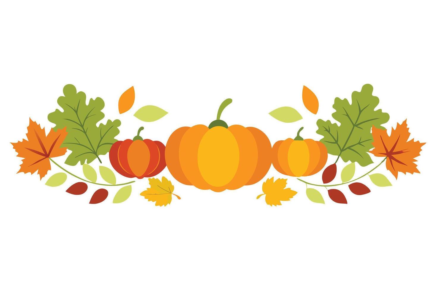 Pumpkins and Colorful Autumn Leaves Border Design on White Background, Thanksgiving Concept vector