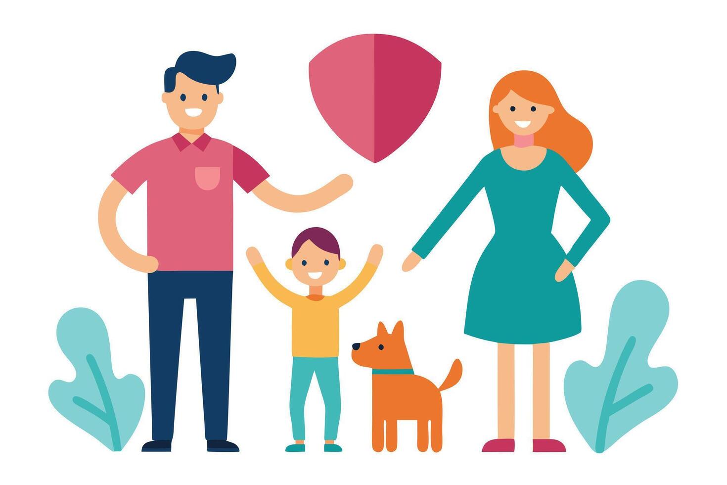 Cheerful Cartoon Family with Shield and Dog on White Background vector