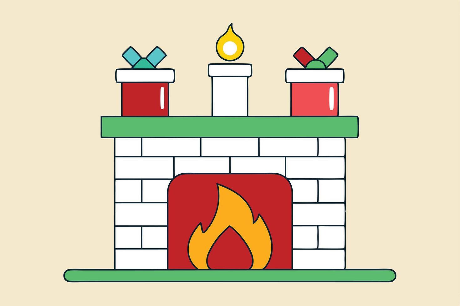 Cute Fireplace with Gifts Art on Mantelpiece with Candle and Beige Background vector