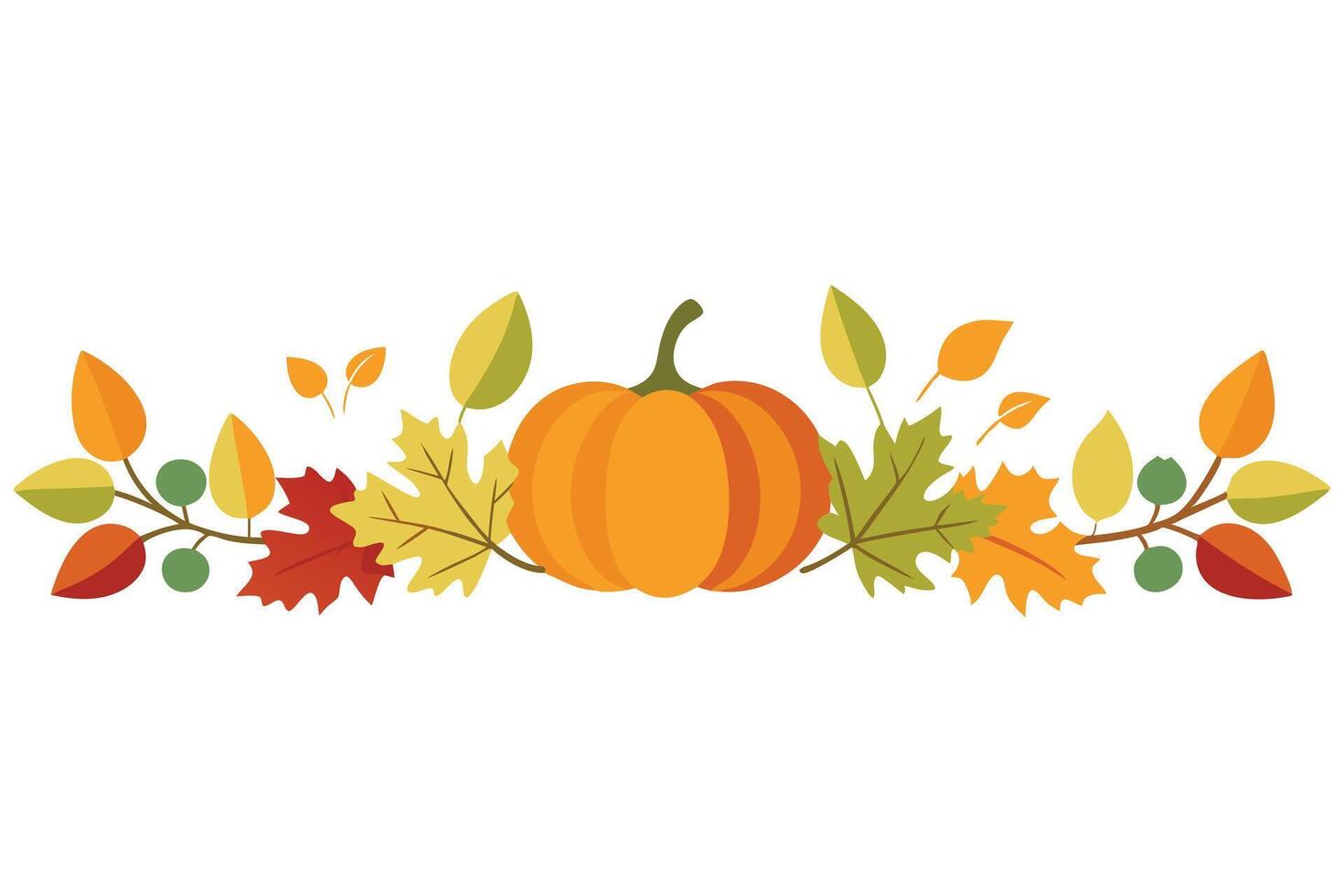 Cartoon Pumpkin with Colorful Autumn Leaves on a White Background Border Art vector