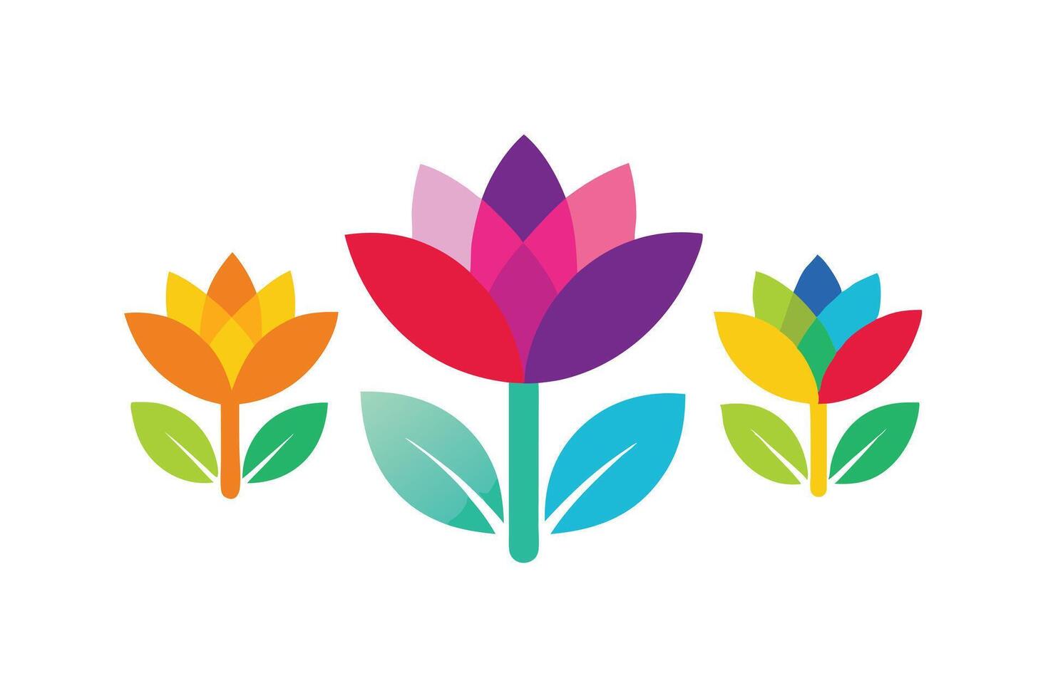 Colorful Flowers Set Icon with Geometric Petals on White Background Art vector