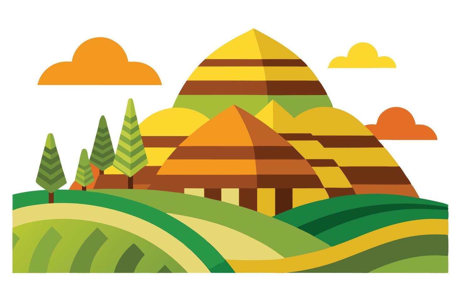 Flat Landscape with Rolling Hills, Trees, Clouds and Pyramid Mountain vector
