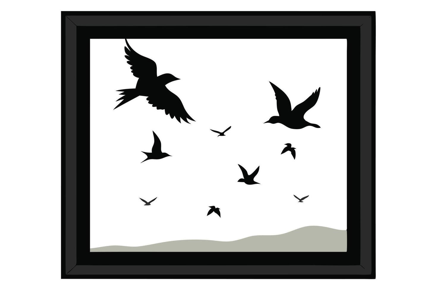 Square with Flock of Birds Silhouettes Against White Background and Abstract Landscape vector
