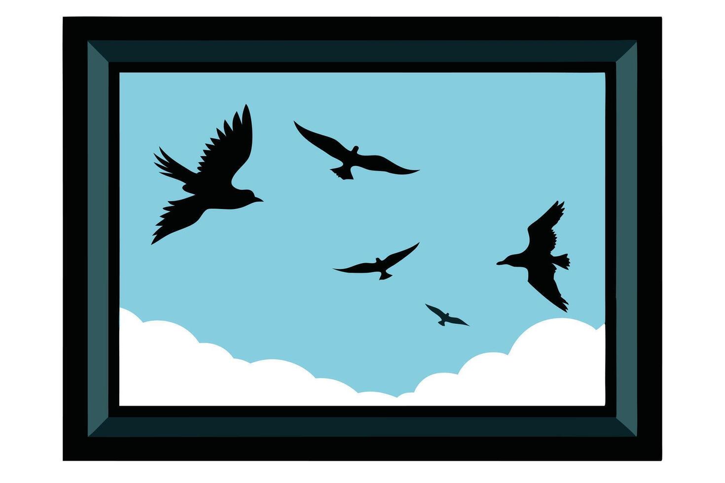 Framed Bird Silhouettes Flying in Blue Sky Above White Clouds vector