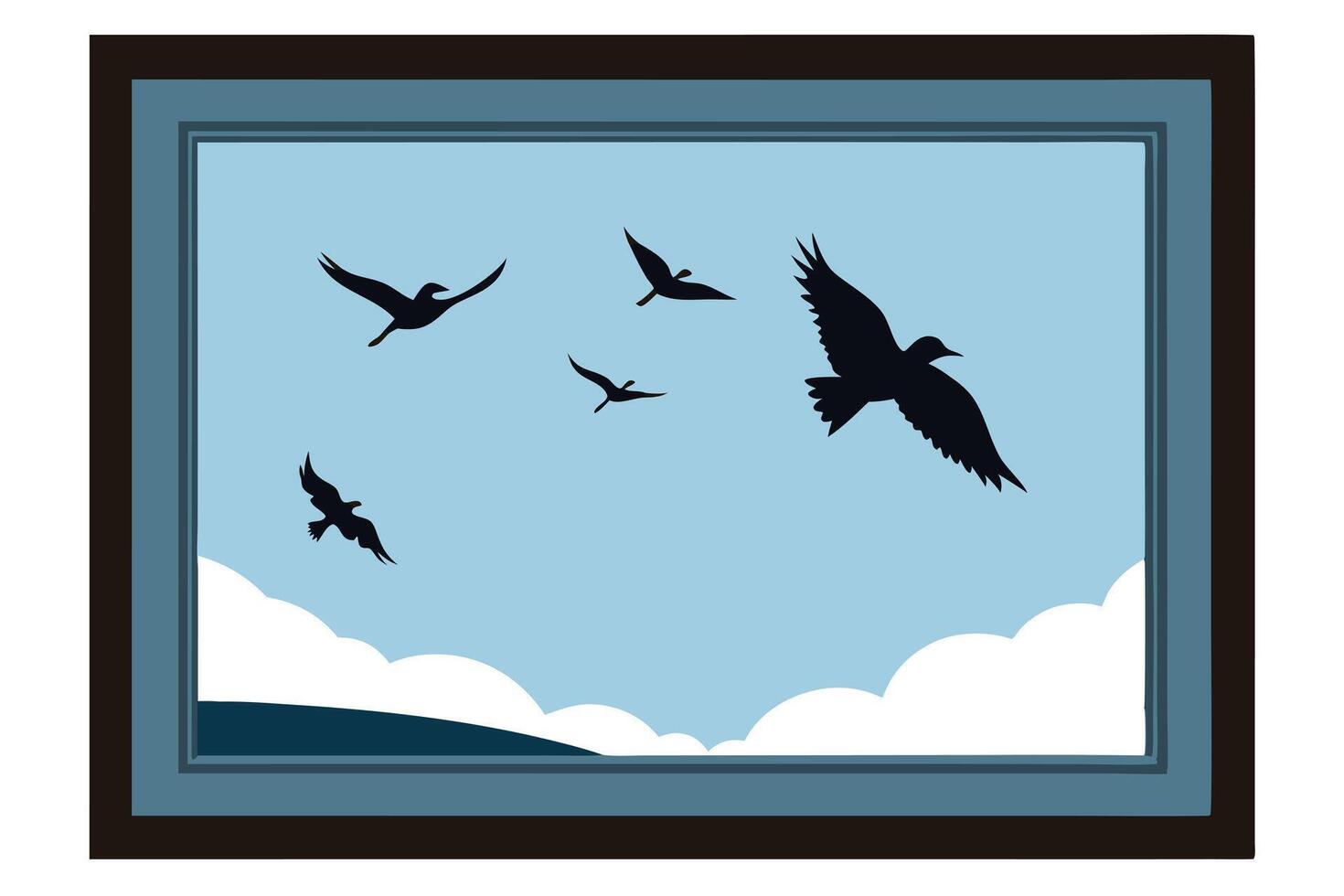View Birds Flying Above Sea And Cloudscape Under Pale Blue Sky vector