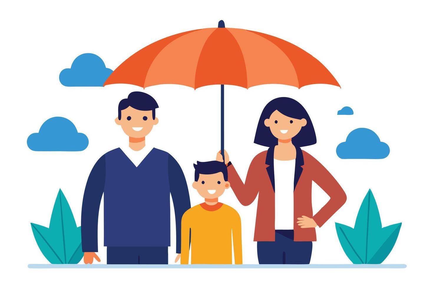 Joyful Family under Orange Umbrella Flat on White Background vector