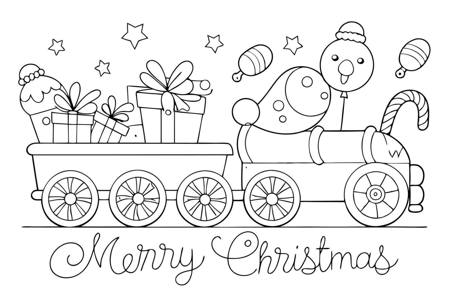 Outlined Cartoon Train with Presents Stars Candy Cane and Merry Christmas Text vector