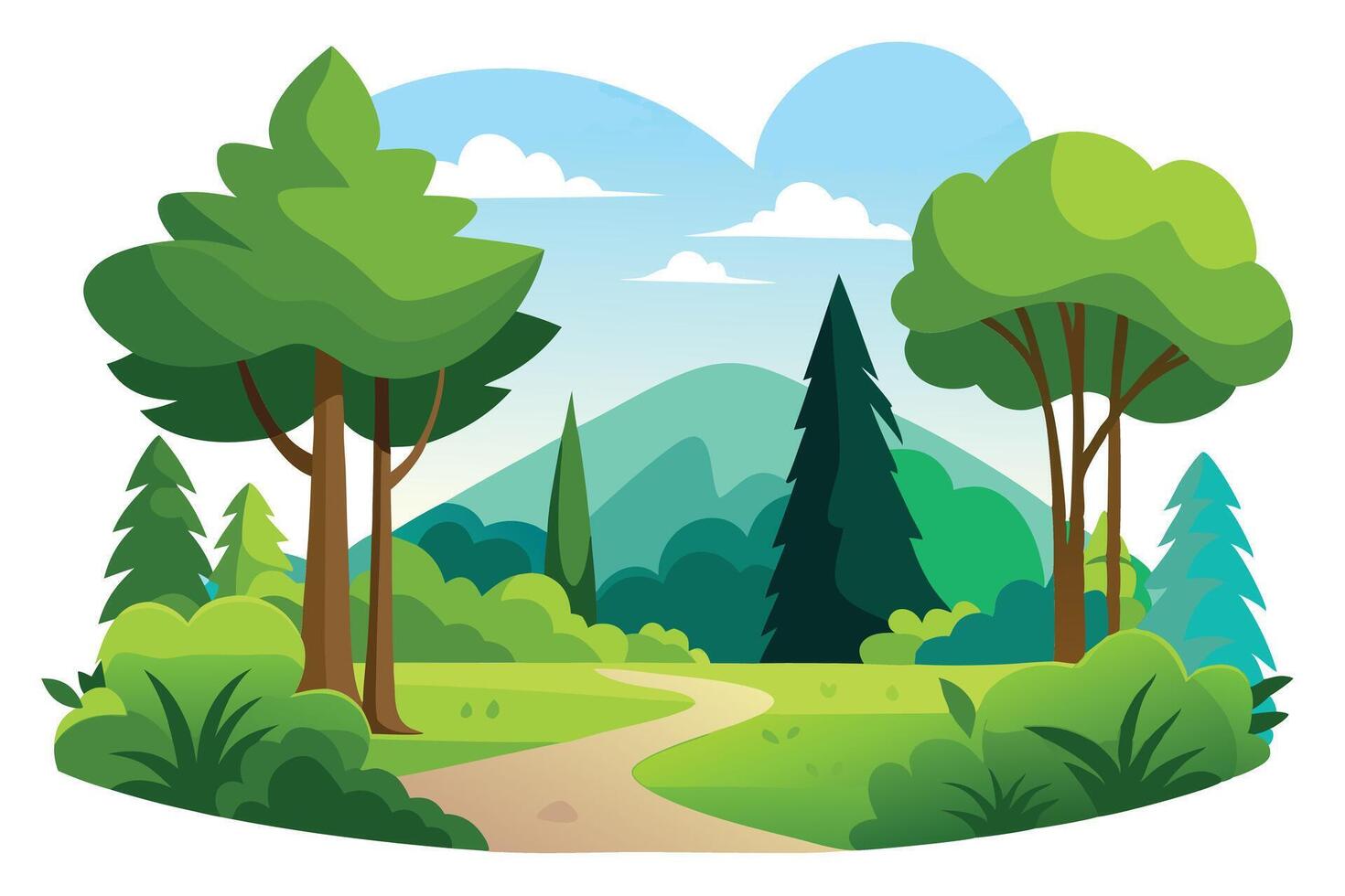 Colorful Cartoon Landscape with Trees, Hills, Sky and Path. Outdoors vector