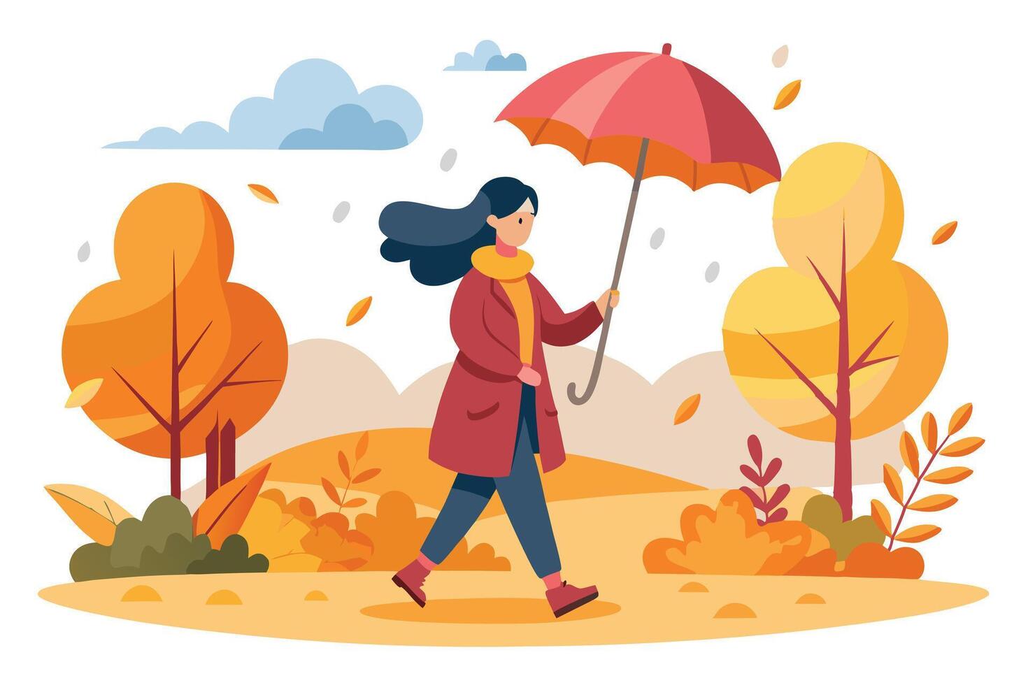 Flat Autumn with Woman Walking with Umbrella on White Background vector