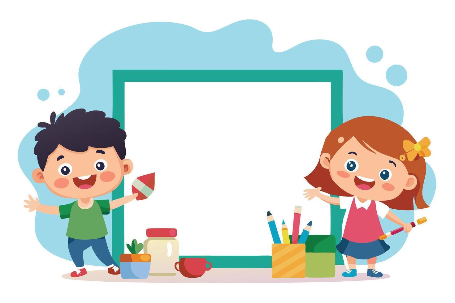 Cheerful Cartoon Boy and Girl with Frame, Paintbrush and Pencils on White Backdrop vector