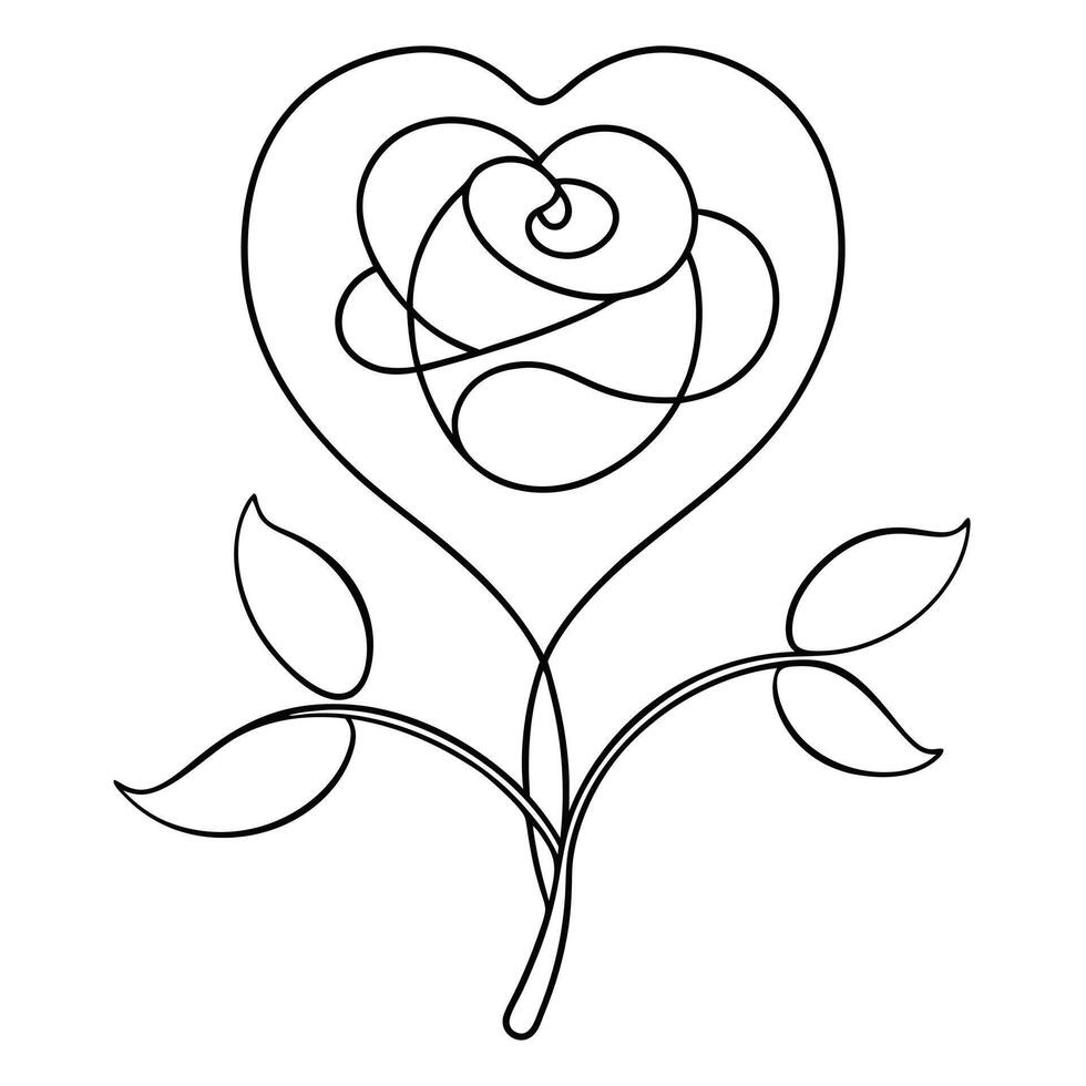 Outline Heart Rose with Leaves in Minimalist Style on Transparent Background vector