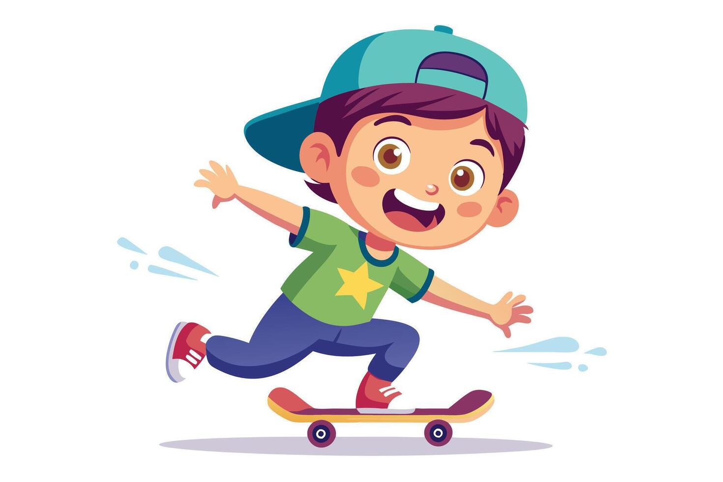 Joyful Boy on Skateboard, Cartoon Style Illustration, White Background, Playful Design vector