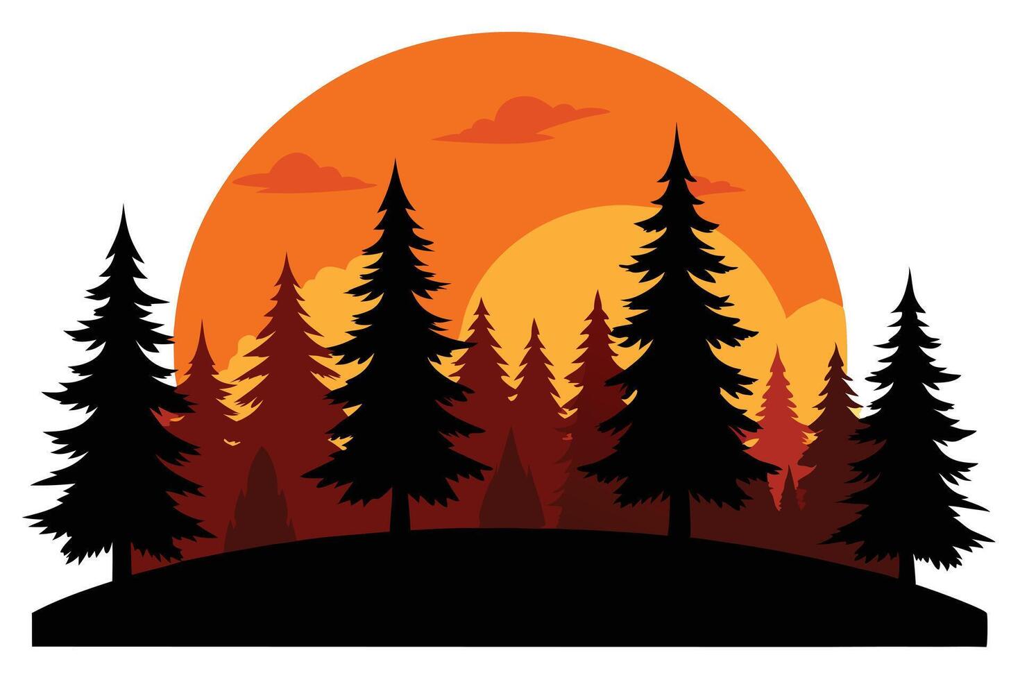 Silhouette Pine Forest Trees Against Orange Sunset Landscape vector