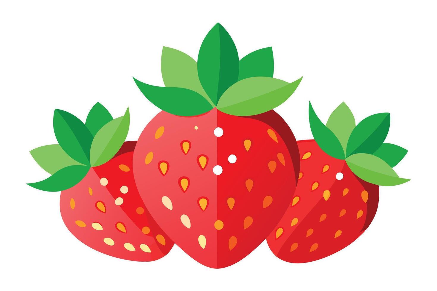 Three Glossy Red Strawberries with Seeds and Green Leaves on White Background vector