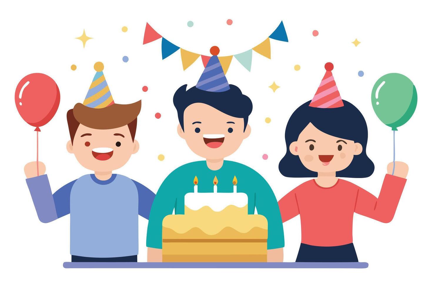 Cheerful Kids Celebrating Party with Cake, Balloons, and Party Hats on White vector
