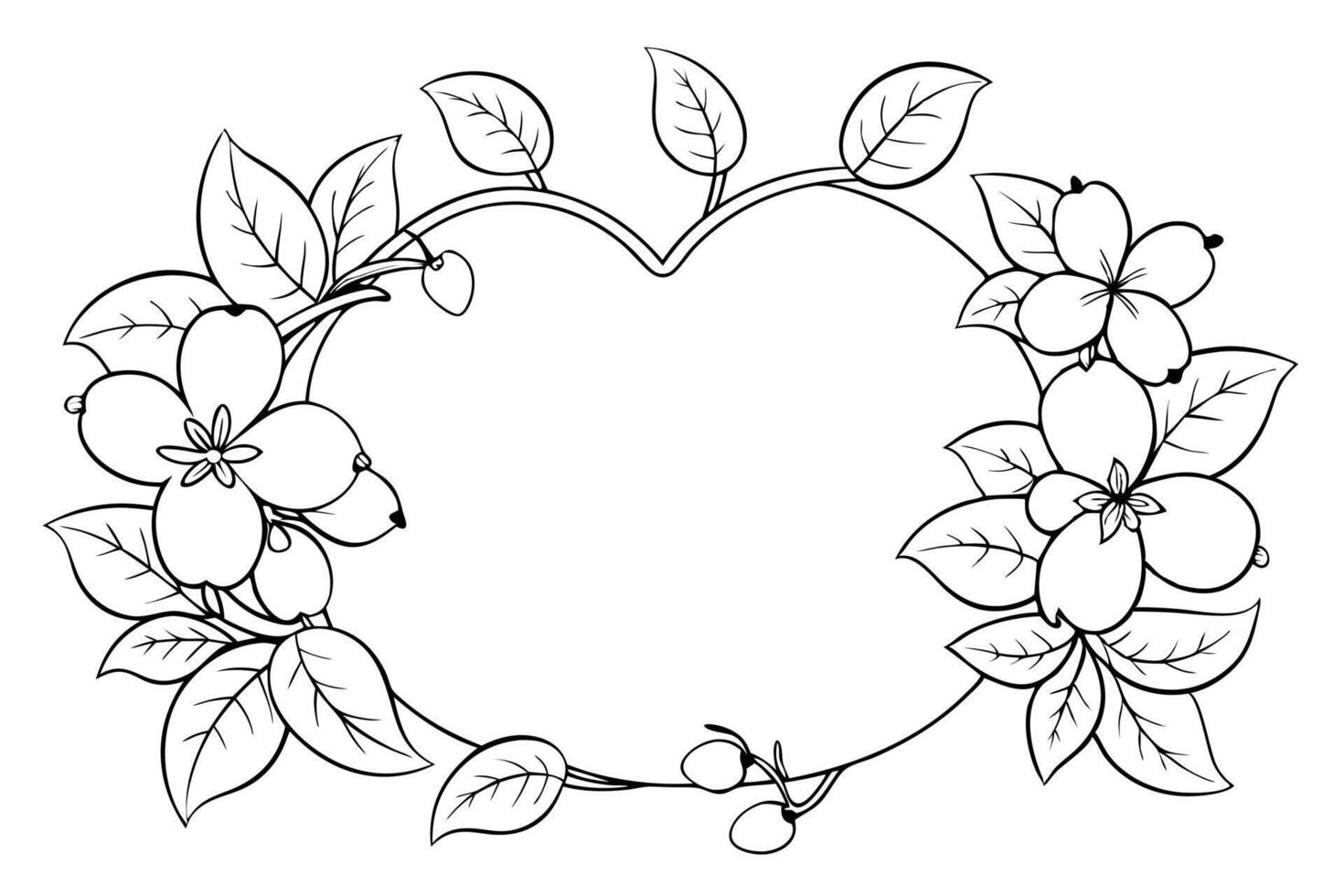 Floral Heart with Blooming Flowers and Leaves Outlines on Transparent Background vector