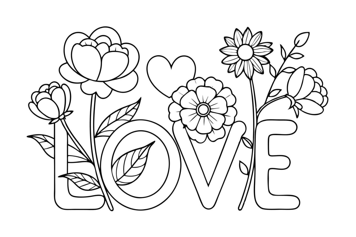 Black Outline LOVE Text with Flowers, Heart, and Leaves on Transparent Background vector