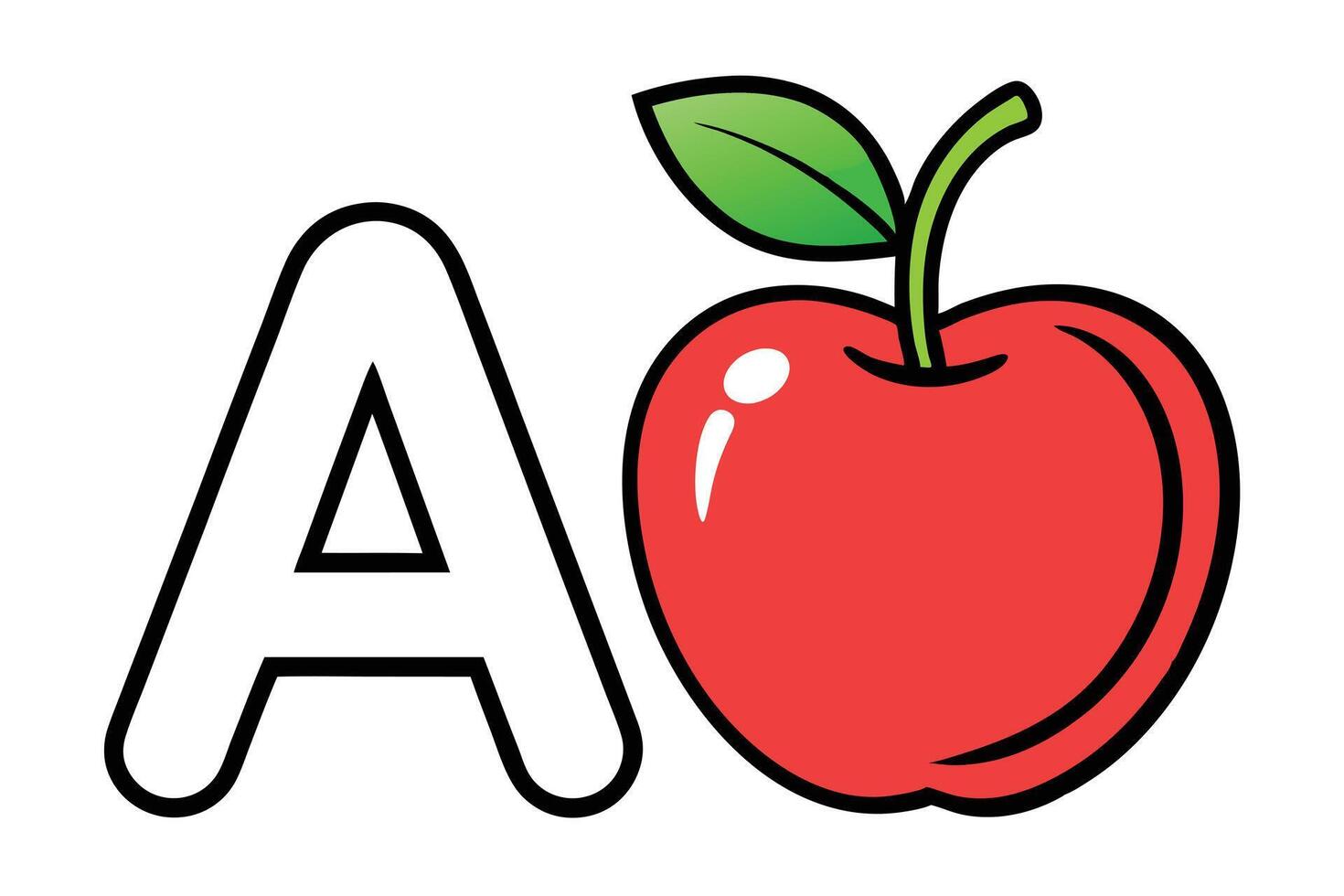 Cartoon Letter A Beside Stylized Red Apple with Green Leaves on White vector