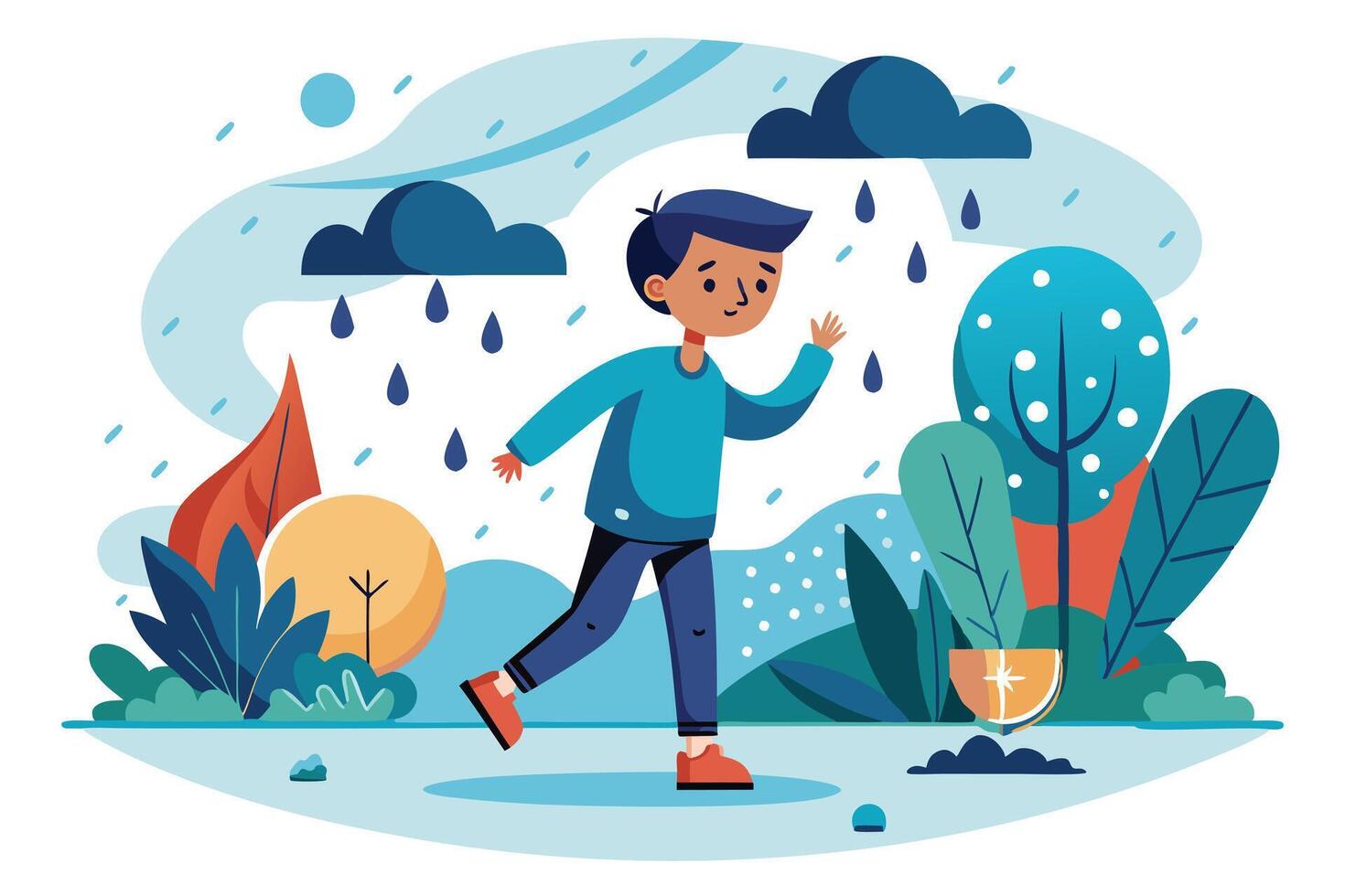 Cartoon Boy Walking in Rain with Trees and Clouds on a Light Sky Background vector