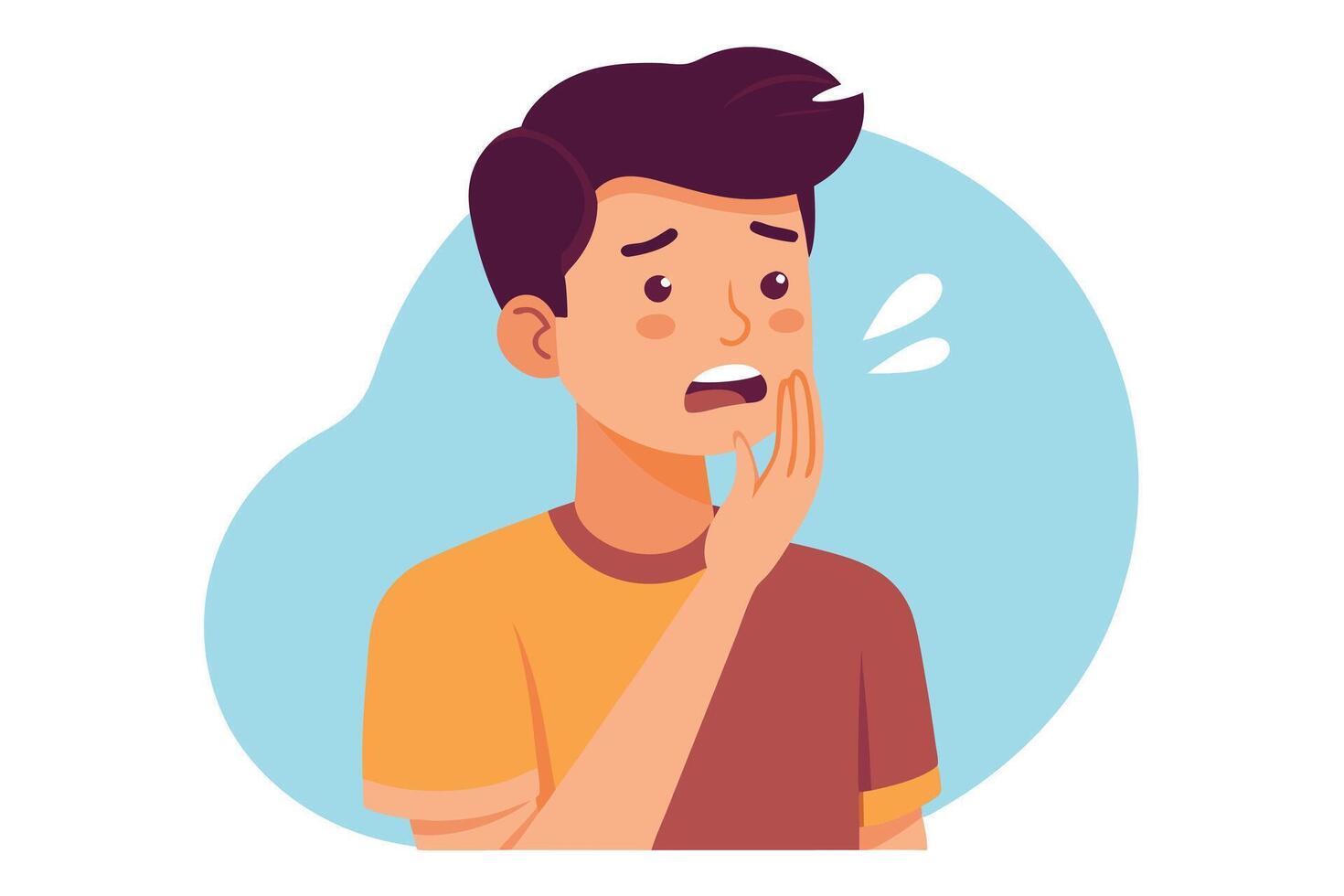 Cartoon Man with Concerned Face, Hand on Cheek and Light Blue Background vector