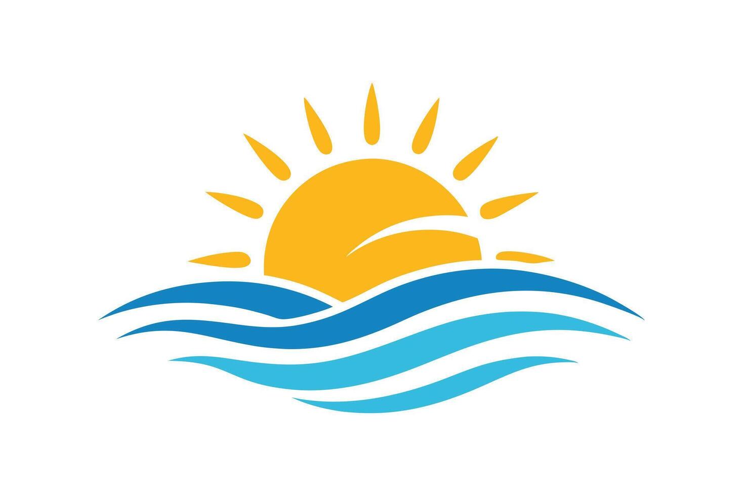 Sunrise Over Sea , Yellow Sun and Blue Ocean Waves on White Background vector