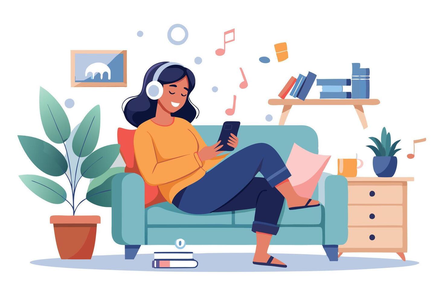 Smiling Woman with Headphones Relaxing on Sofa Using Phone in Living Room vector