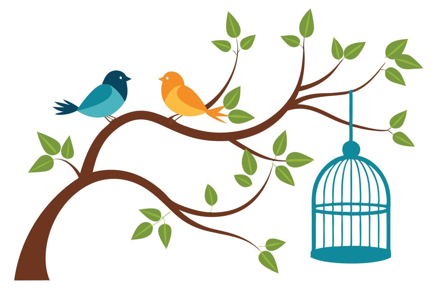 Blue and Orange Bird Pair on Tree Branch with Green Leaves and Blue Cage on White vector