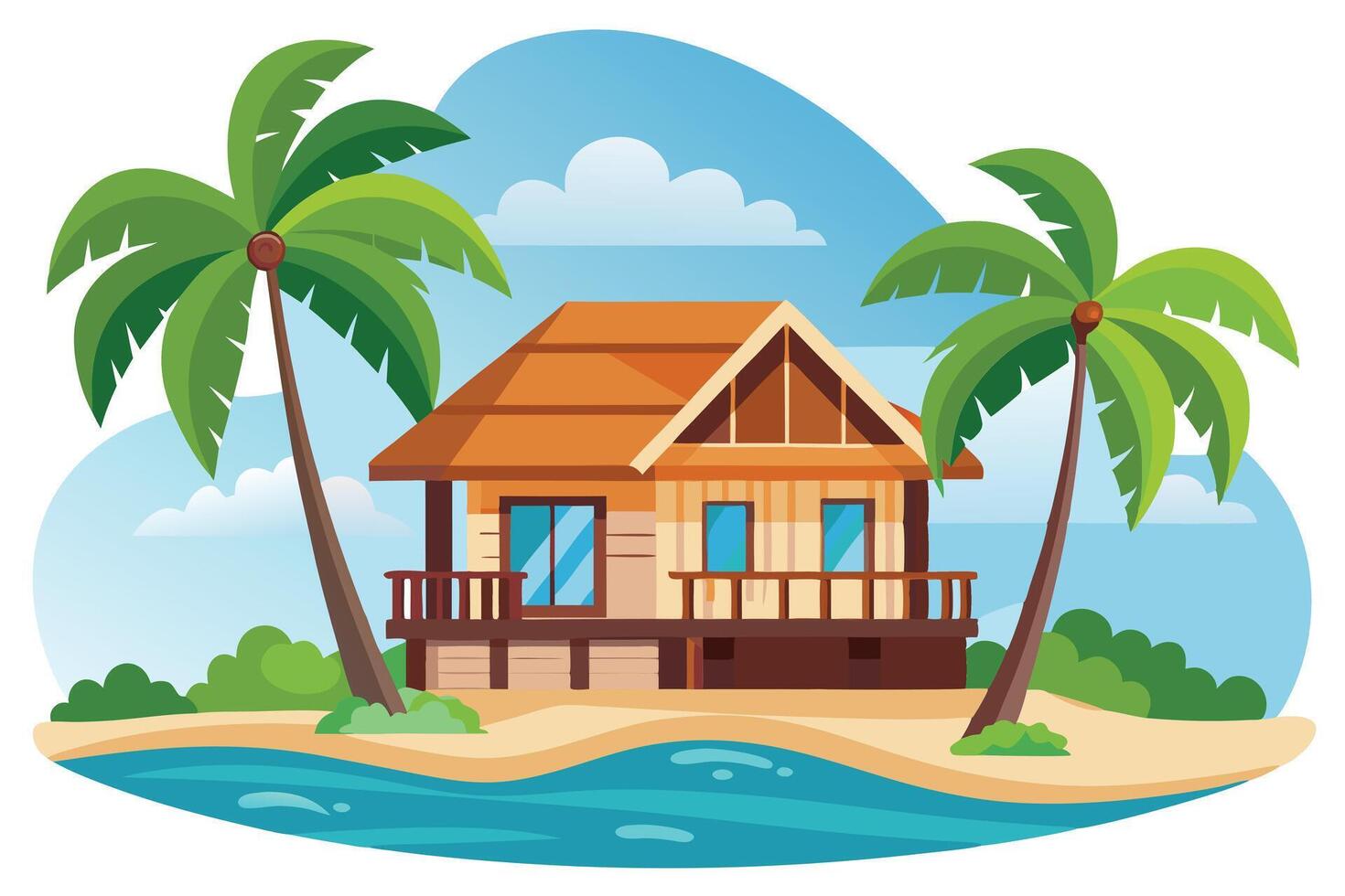 Beach House at Tropical Island, Palm Trees, Sea View and Blue Sky Art vector