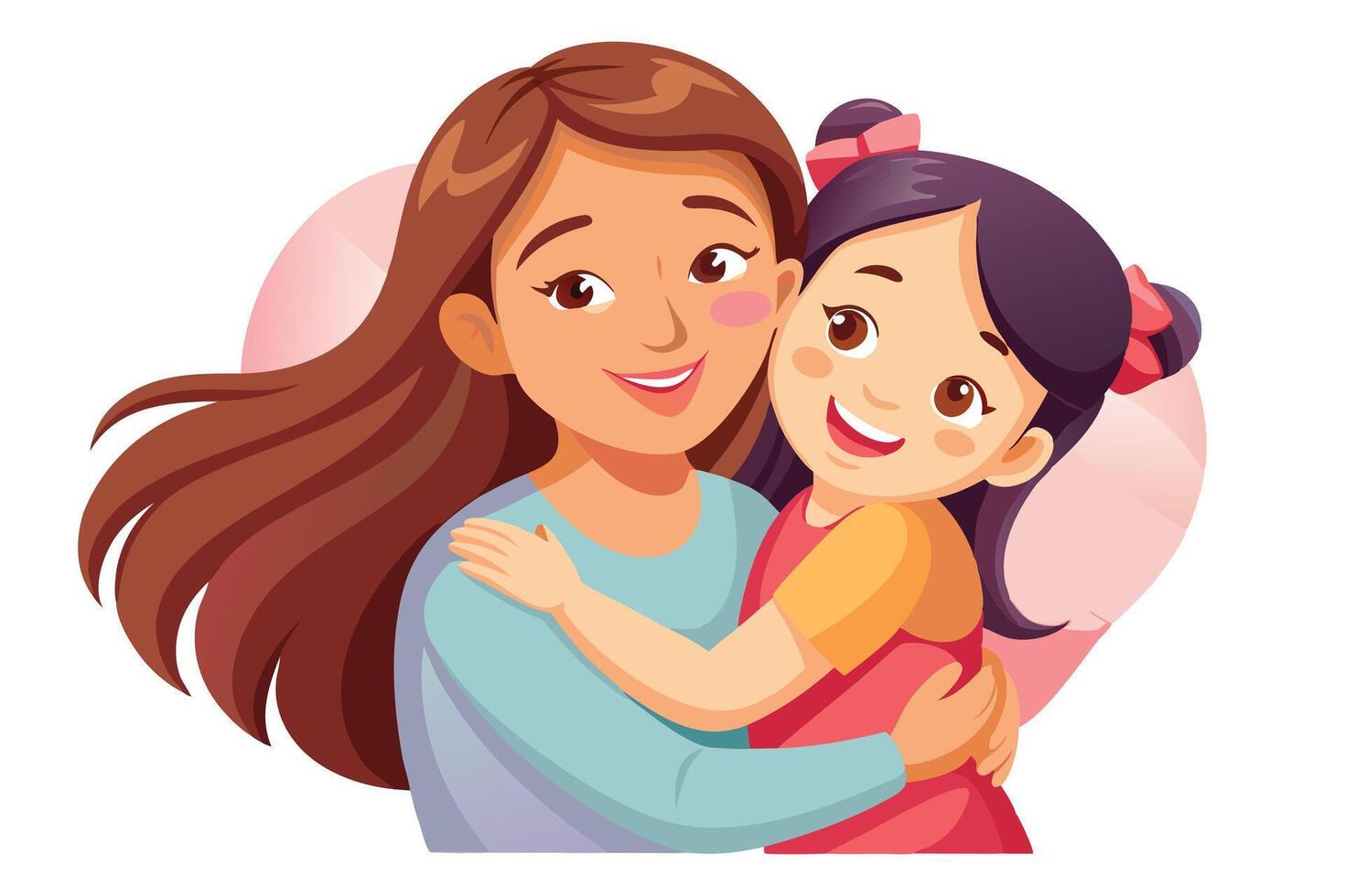 Cartoon Mother Hugging Daughter , Loving Embrace, Smiling Faces, Family Love vector