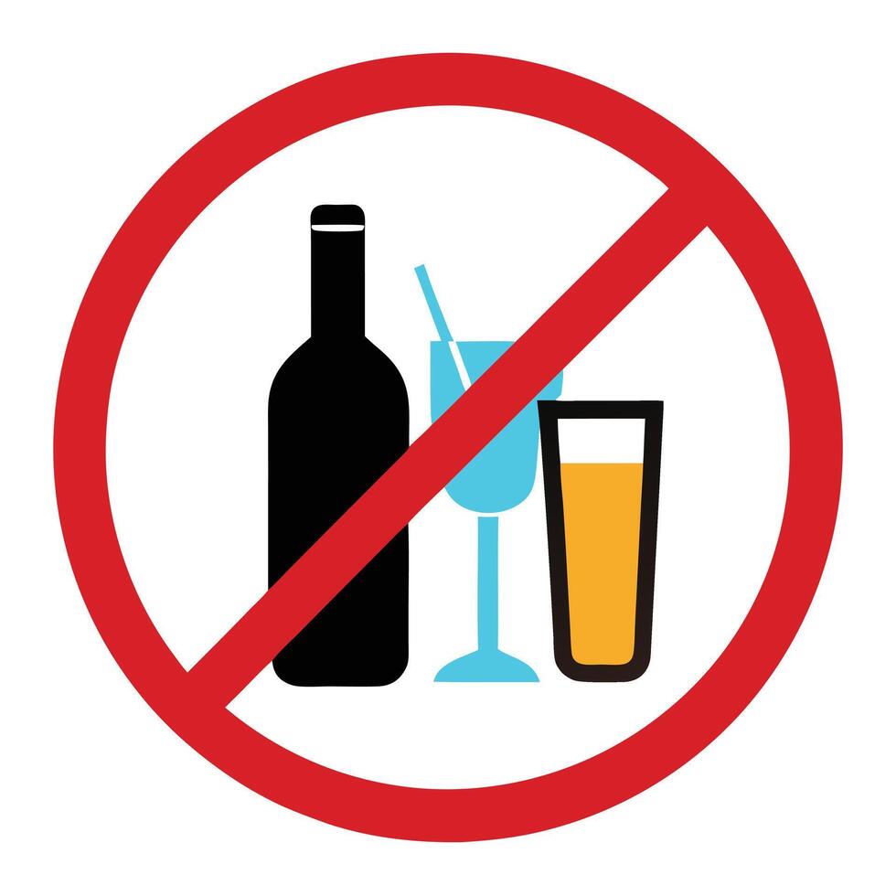 Red Prohibition Sign with a Wine Bottle and Two Glasses on White Background vector