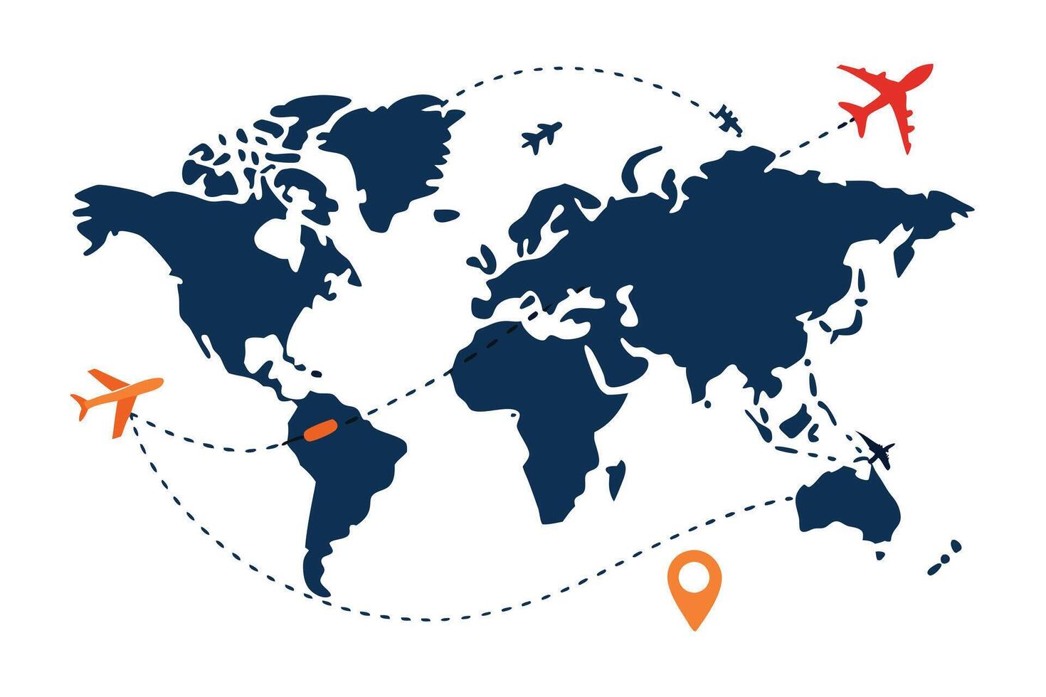 World Map with Blue Continents, Red and Orange Airplane Icons, Dotted Lines on White vector
